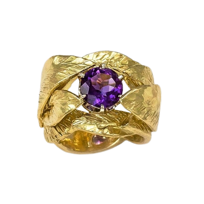 18 Karat Yellow Gold Ring with carved leaves, 8mm wide and an Amethyst in the center.