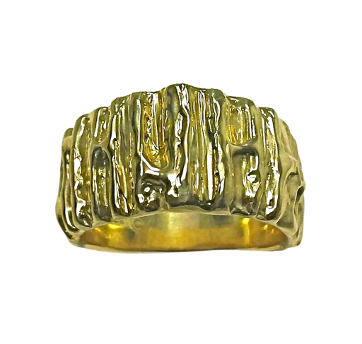 18 Karat Yellow Gold wide ring with bark like texture.