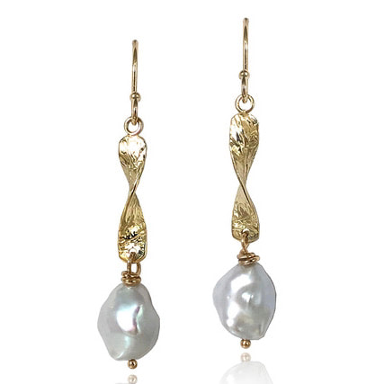 14 Karat Yellow Gold dangle earrings with a twisted top with white pearls at the bottom.