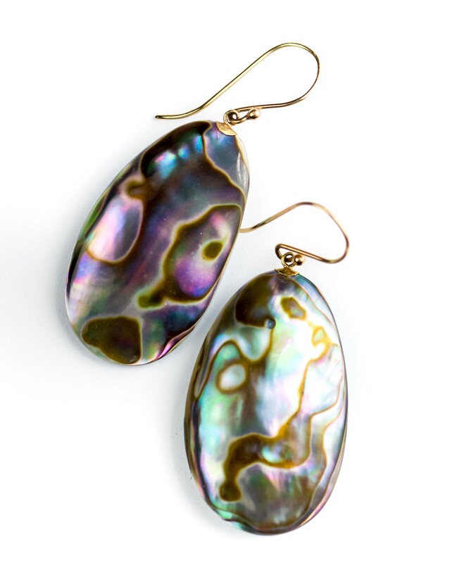 Abalone Shell Backed with natural Mother of Pearl dangle French wire earrings.