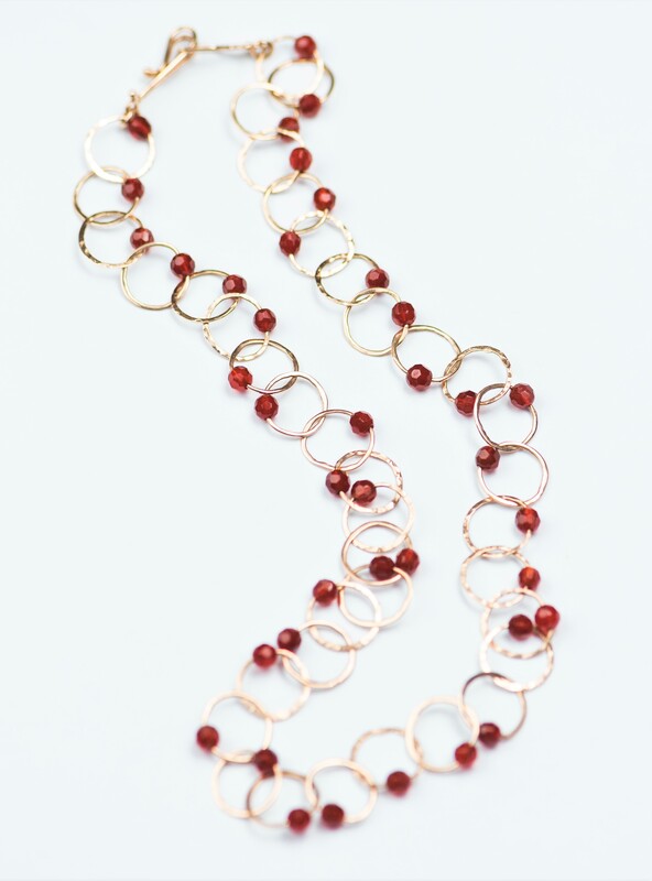 14 Karat Yellow Gold round link necklace with faceted round Carnelian beads all the way around.