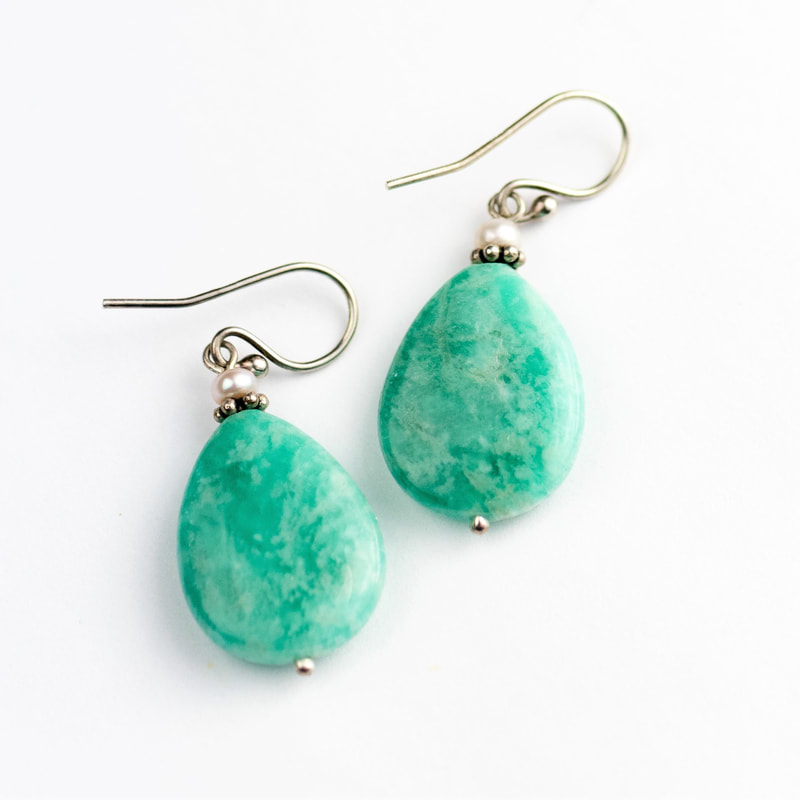 Sterling Silver Amazonite and Grey Pearl French wire earrings.