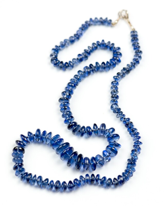 14 Karat Yellow Gold Necklace with smooth Kyanite graduated beads.