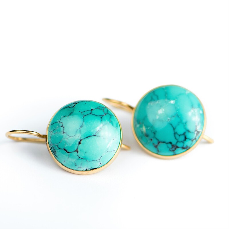 14 Karat Yellow Gold Chinese Turquoise French wire earrings.