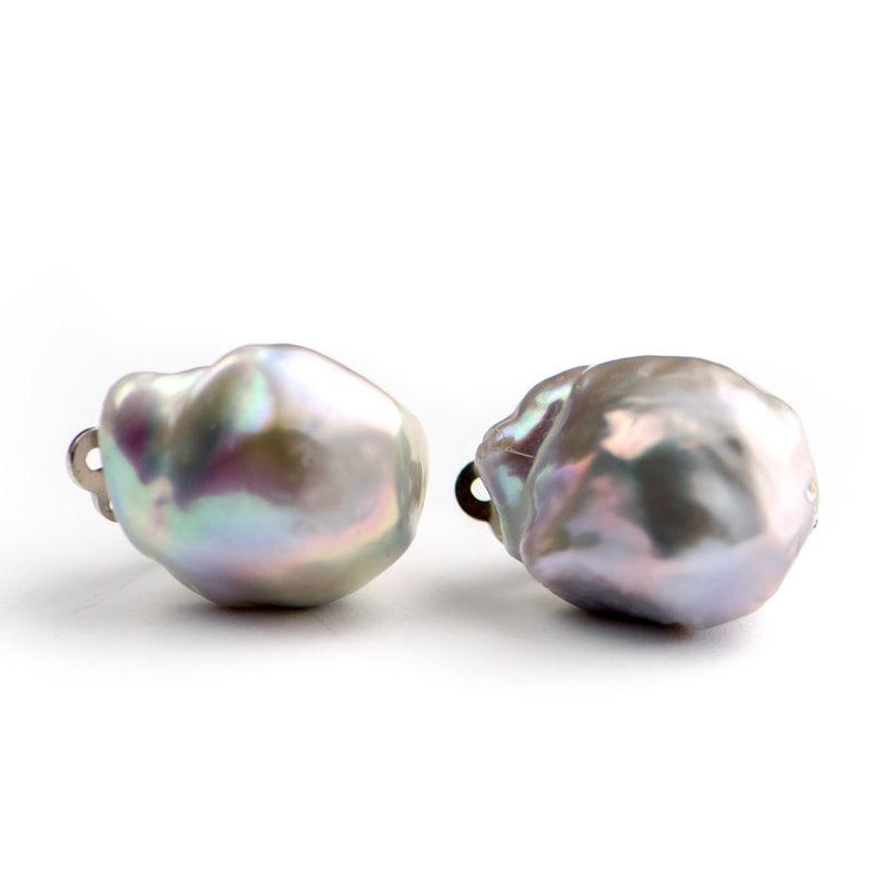 Sterling Silver Grey Baroque Pearl Clip-On Earrings.