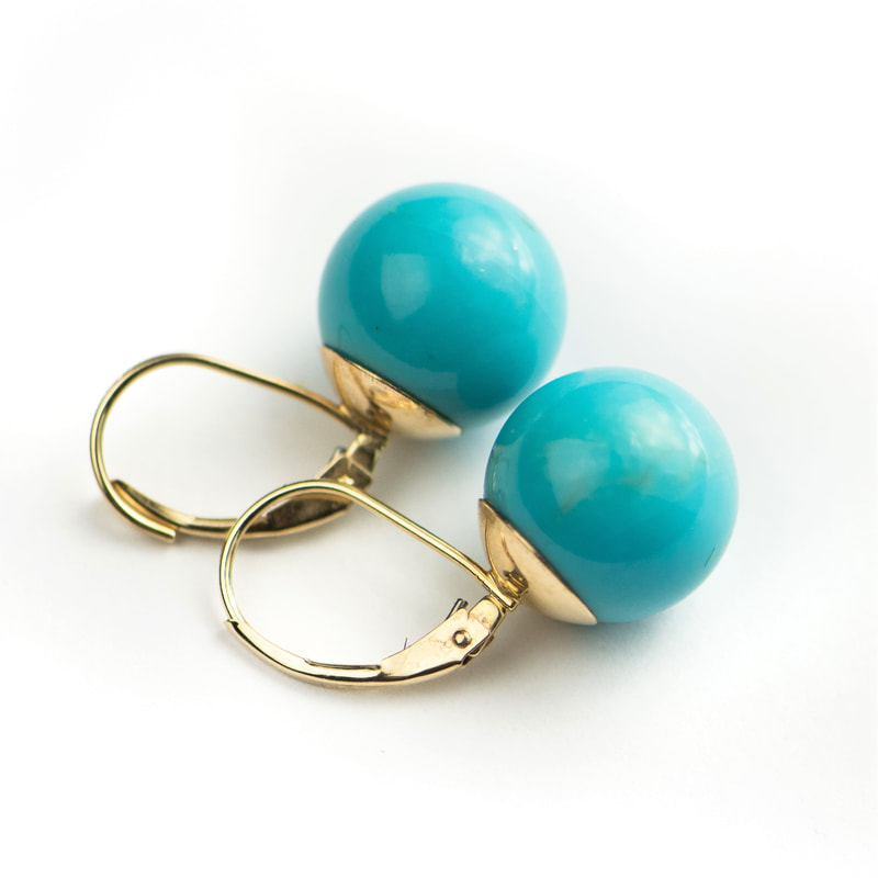 14 Karat Yellow Gold 12mm Round Persian Turquoise Lever-Back Earrings.
