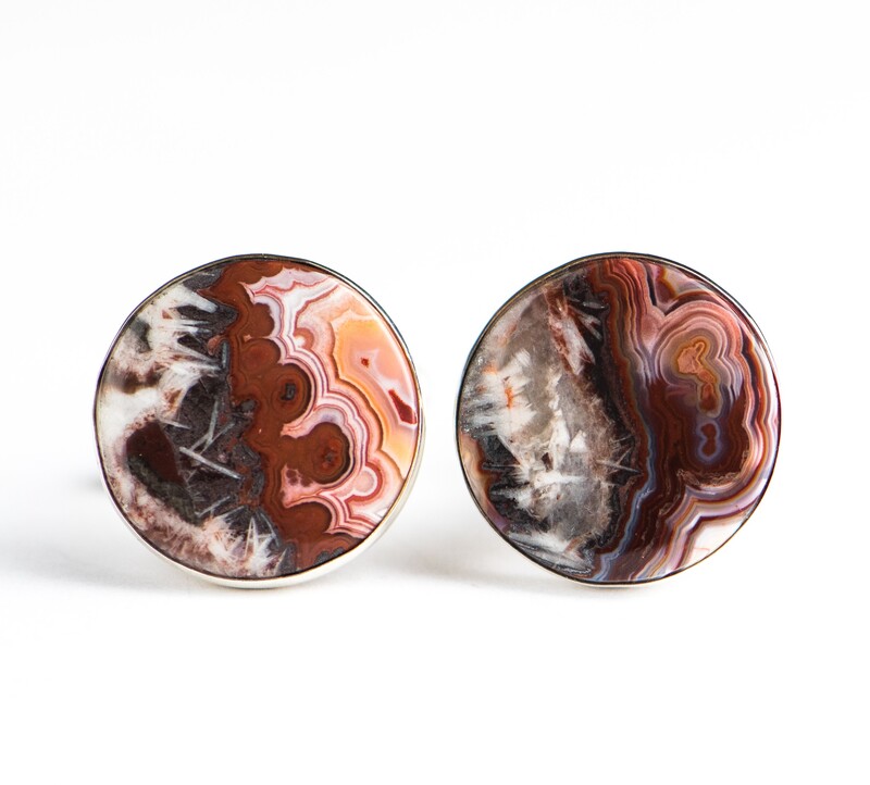 Sterling Silver round natural Crazy Lace Agate cufflinks.